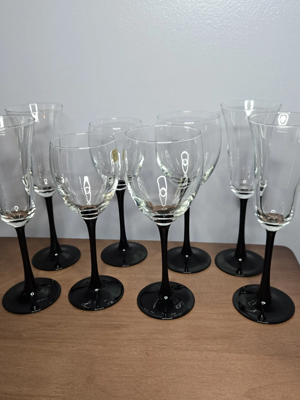 Vintage LUMINARC France Stemware Complete Service For Two, Elegant Black Stem
